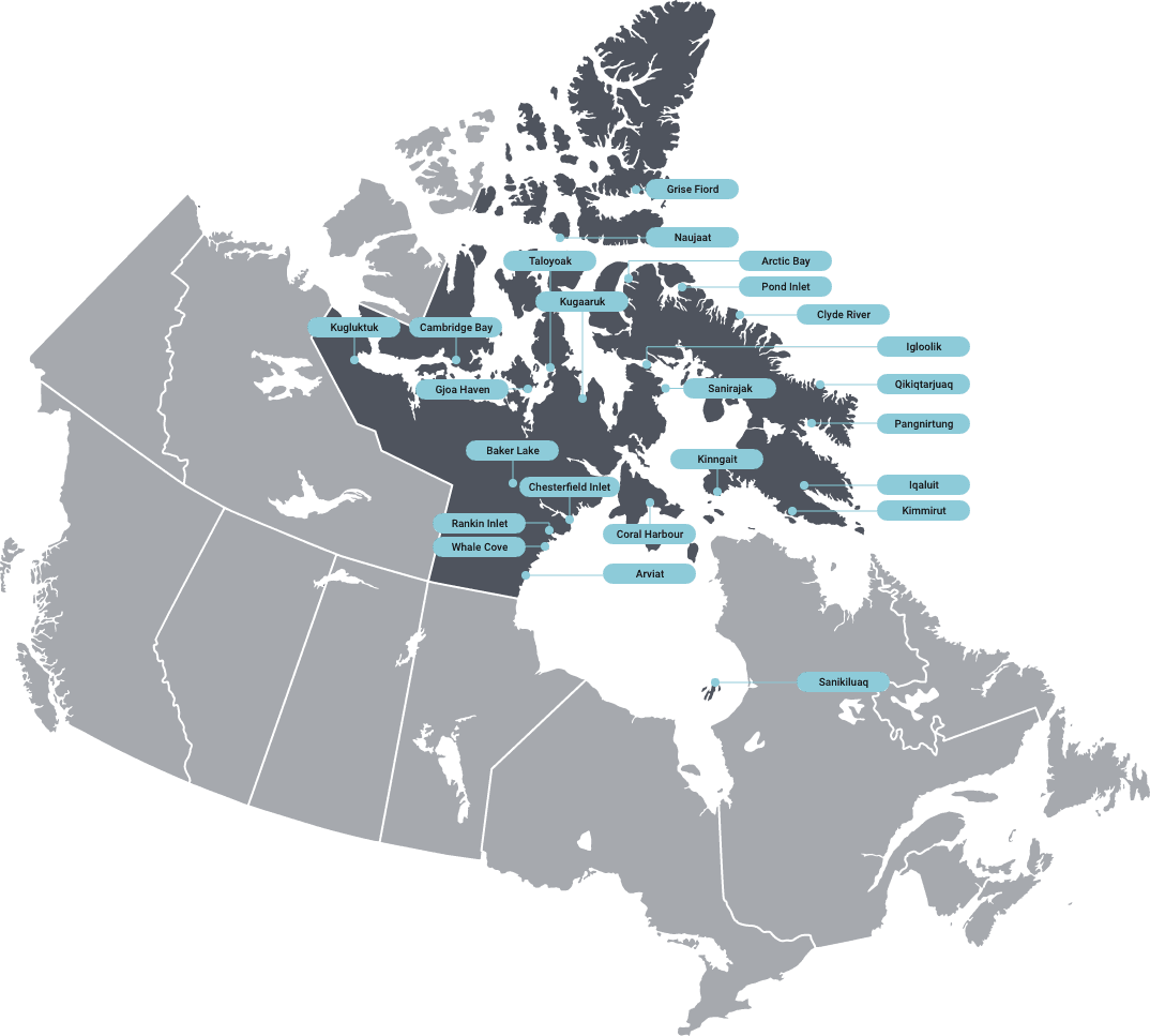 Map of Nunavut labelled with all the communities.